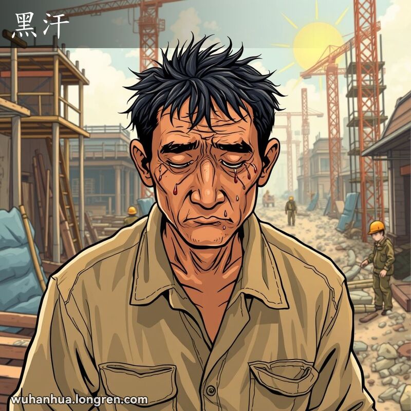 一位武汉劳动者在炎热的工地上辛勤工作，汗水如黑色的汗珠从他的脸上和手臂上滚落，背景是繁忙的工地。