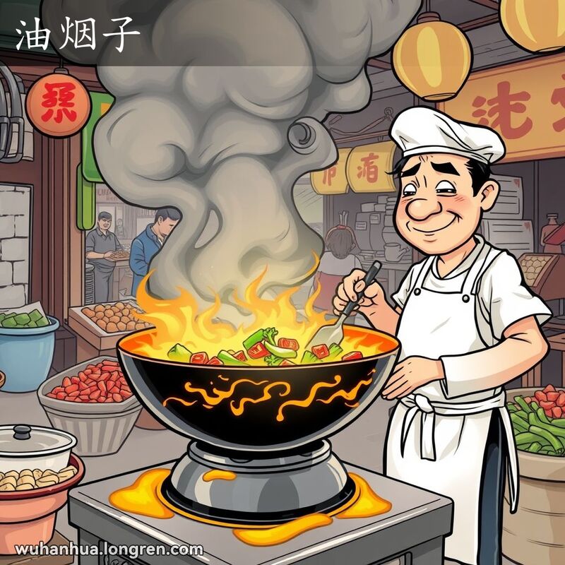 一位武汉街头厨师在炒菜时，油锅上方弥漫着浓烈的油烟，背景是武汉街头市场