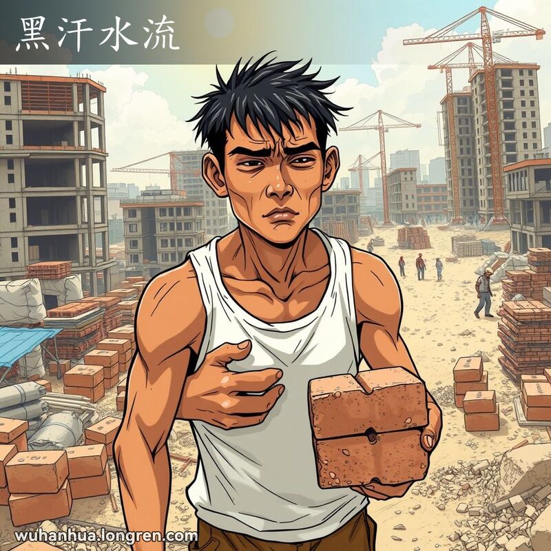 一位武汉建筑工人在烈日下搬运砖块，脸上满是汗水，皮肤黝黑，表情疲惫，背景是繁忙的建筑工地。