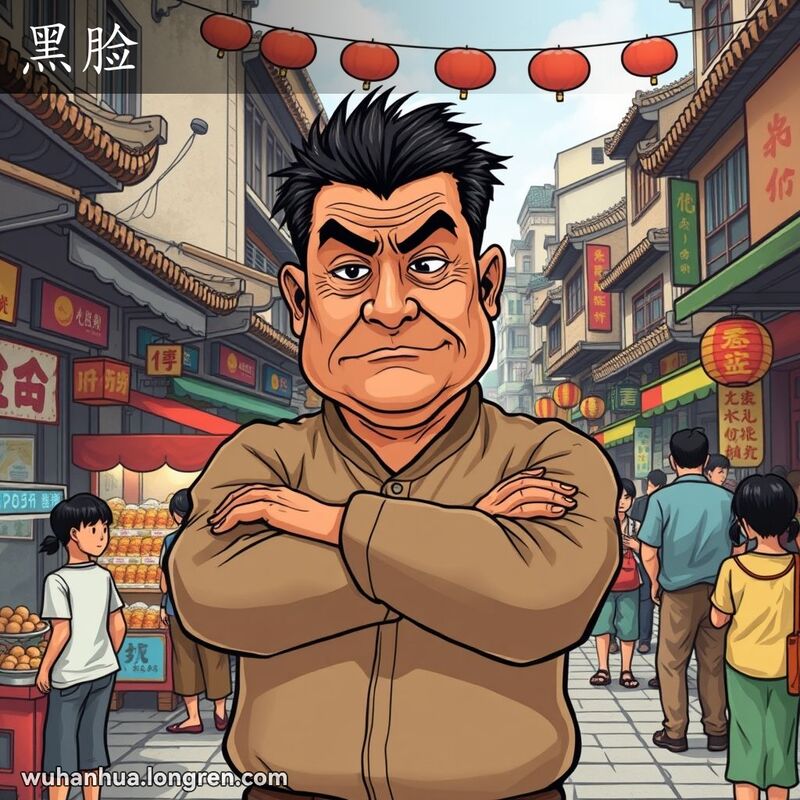 一位肤色较深、表情严肃的男子站在武汉街道市场前，严厉地注视着一群人，背景是热闹的街道场景