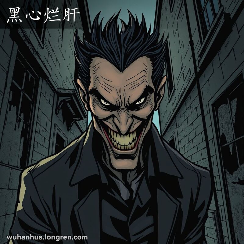 一个面目狰狞的男子站在阴暗的巷子里，背景是破旧的老建筑，表现“黑心烂肝”的阴险氛围