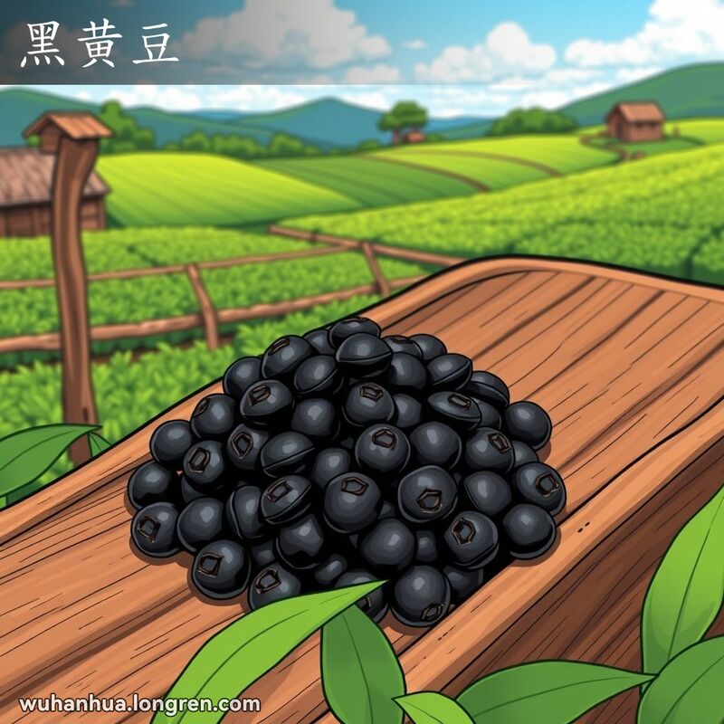一把黑色大豆放在中国木托盘上，背景是田园风光
