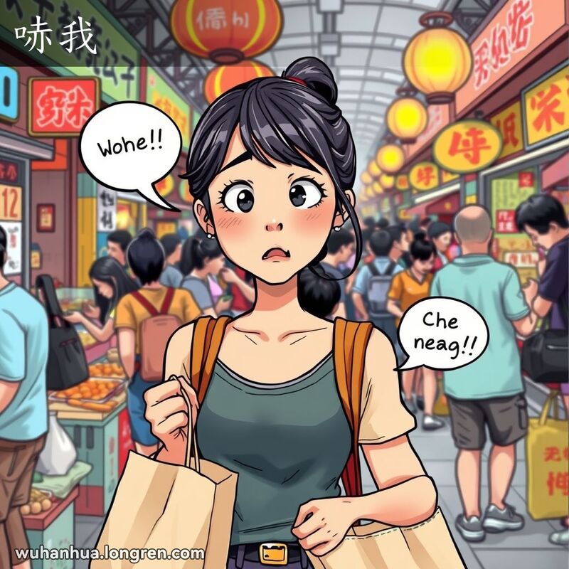 一位年轻的武汉女子在市场中看着价格标签露出惊讶和不满的表情，背景是繁忙的市场场景