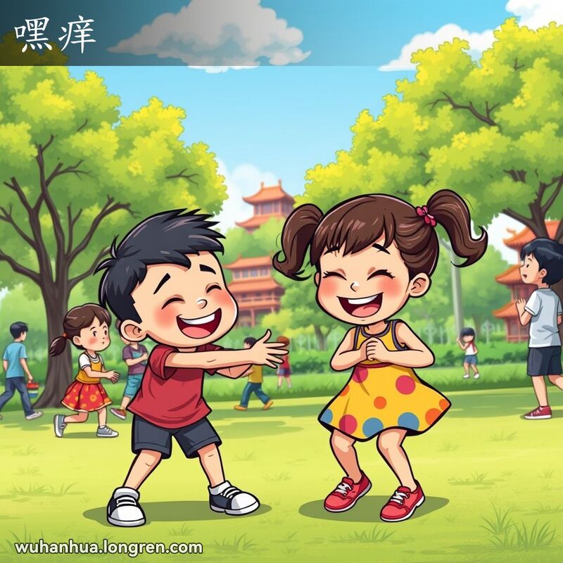 一群孩子在武汉公园玩耍，男孩在挠女孩的痒痒，女孩开心地笑着躲避，背景是绿树和传统建筑。