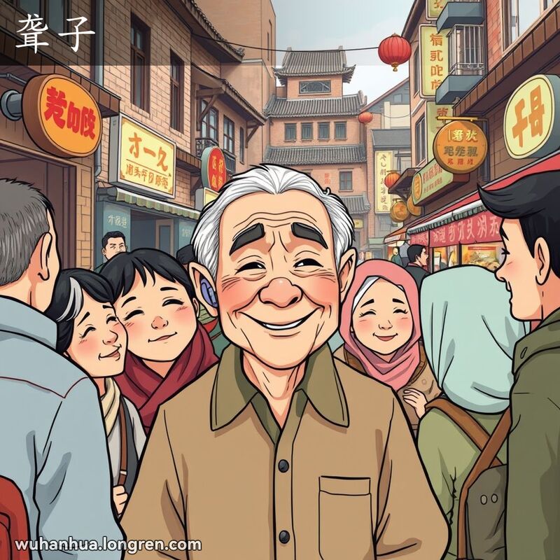武汉街头几位居民围绕着一位戴助听器的老人，老人微笑着，背景是传统建筑和市场。