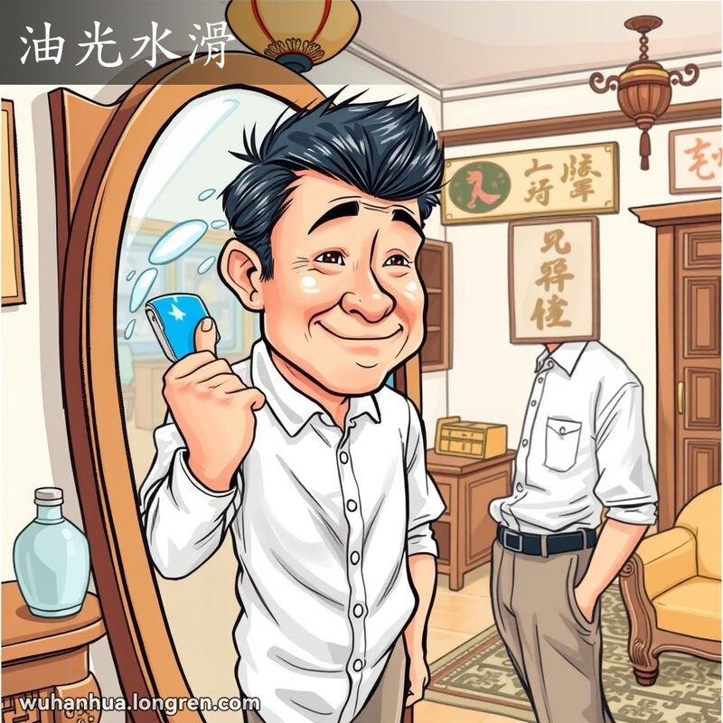 一位中年武汉男子站在镜子前，头发和脸上油光发亮，准备出门，背景是武汉家庭场景
