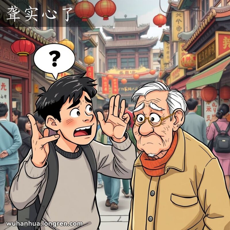 一位武汉年轻人在街头与耳背的老人交流，年轻人手舞足蹈，老人捂耳倾身，背景是繁忙的武汉街头。
