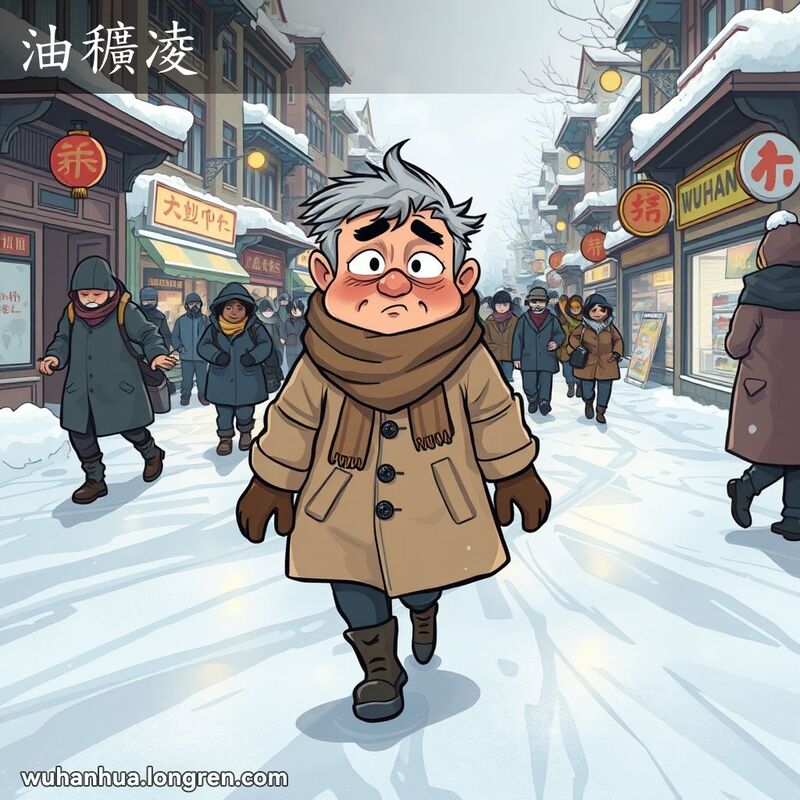 寒冬中，武汉街道上行人小心翼翼地走在光滑的冰面上，表情谨慎，背景中其他行人互相搀扶。