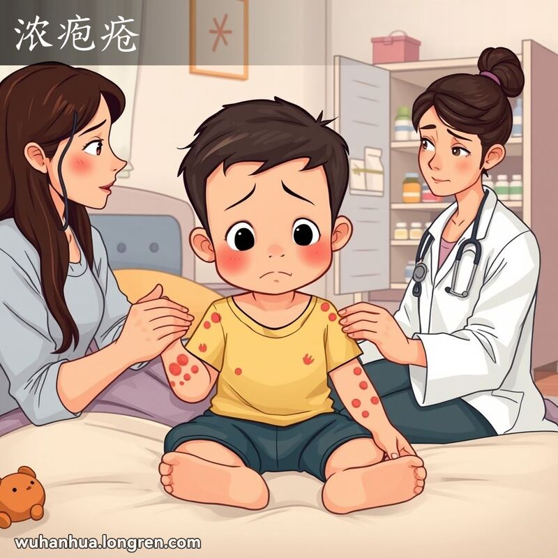 一位患有浓疱疮的儿童坐在床上，脸、颈和四肢上布满红斑和小脓疱，旁边是关心的家长和正在检查的医生，背景是温馨的卧室。
