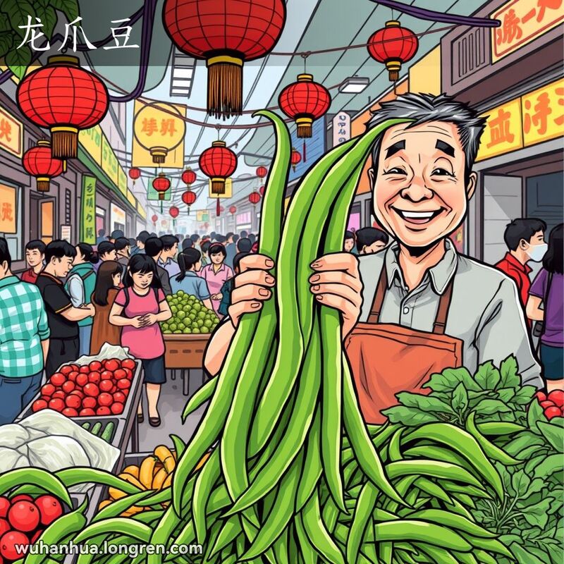 武汉街头菜市场，摊位前展示新鲜的龙爪豆，摊主微笑展示，背景有红灯笼和顾客。