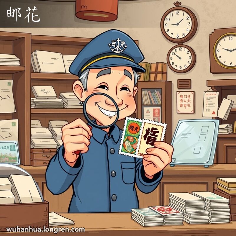 一位老邮局员工在武汉旧邮局中，手持放大镜查看邮票，背景有木质书架和古老挂钟