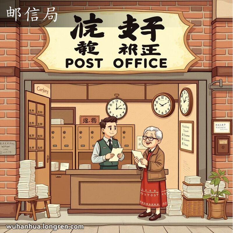 老式邮局建筑，邮局工作人员和顾客在柜台前交流，背景有老式邮箱和挂钟