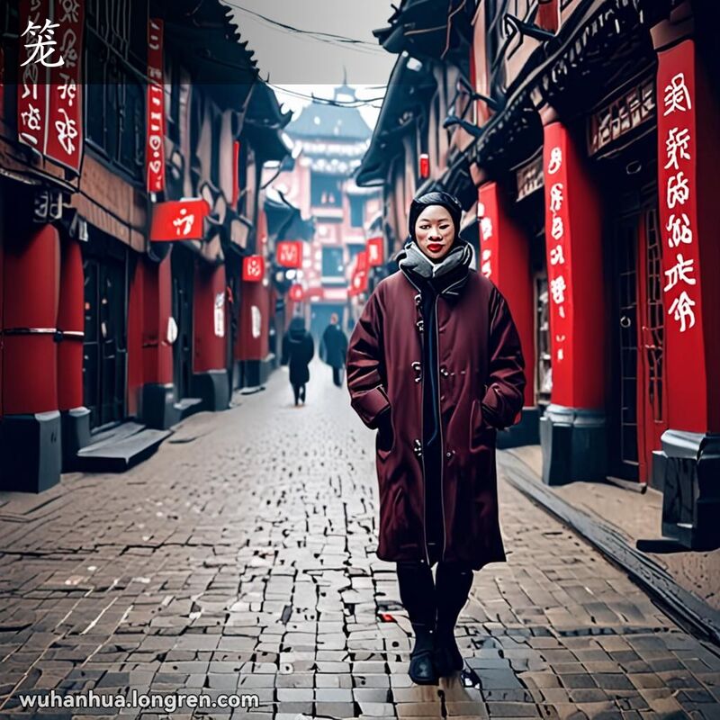 一个人在武汉的冬季街道上行走，双手揣在袖筒里取暖，背景是武汉的老街景