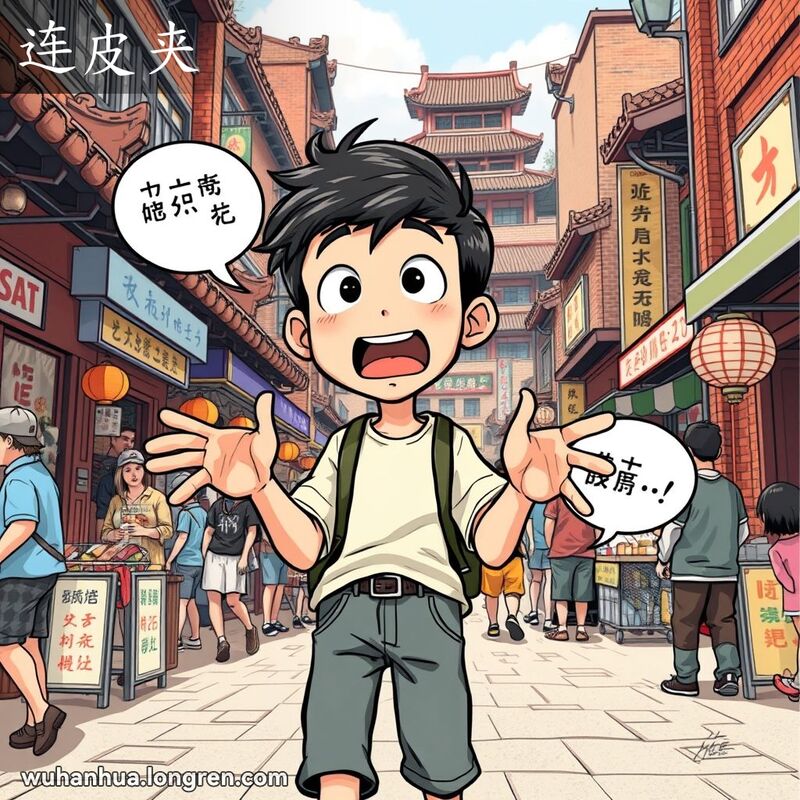 一位年轻人在武汉街头快速说话，手势夸张，背景是传统街景