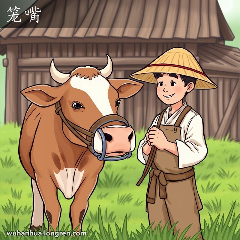农民站在牛旁边，牛嘴上戴着“笼嘴”，背景是传统的中国农场