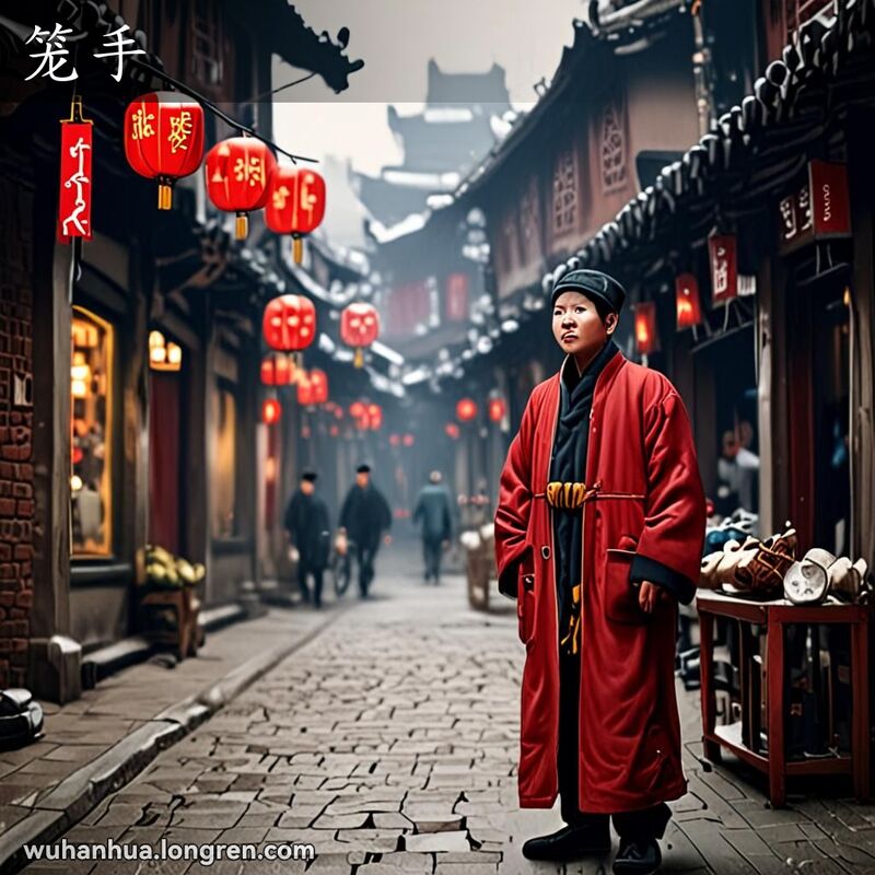 一位穿着传统中式冬装的人，双手插在袖筒里，站在武汉老街上，表情悠闲。