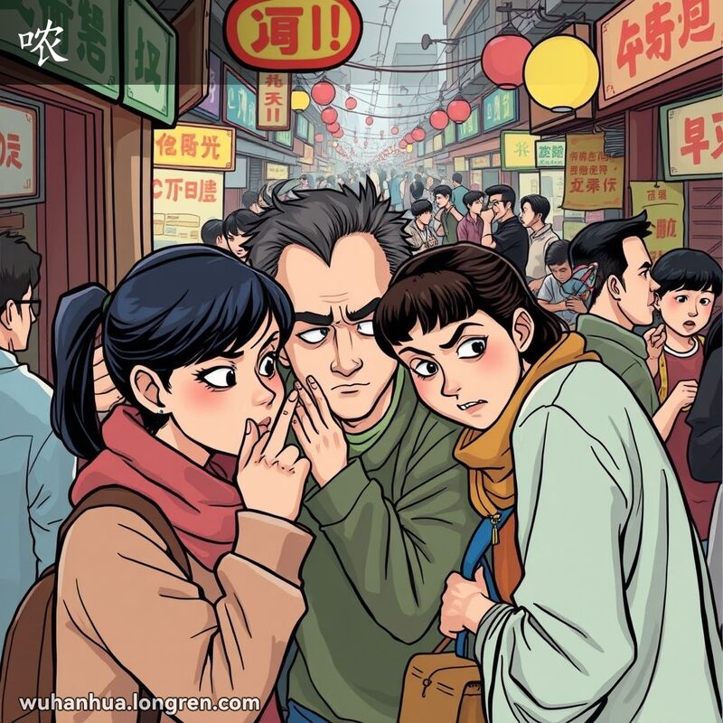 三个人在武汉市场角落里窃窃私语，表情神秘，背景是热闹的市场场景