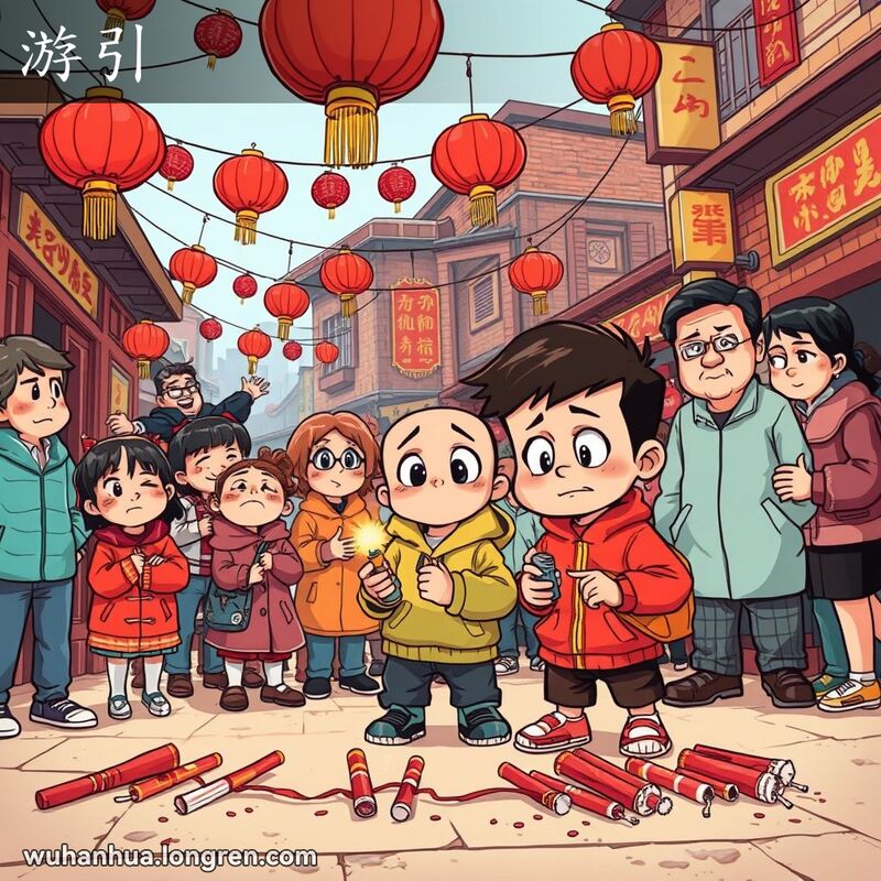 武汉街头春节期间，小男孩手持打火机，鞭炮引线脱落无法点燃，露出失望表情，背景是老街景