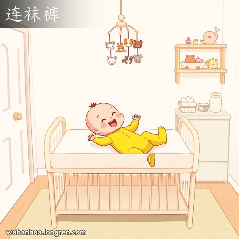 婴儿房中，婴儿穿着连袜裤，躺在换尿布台上，背景有婴儿床和毛绒玩具