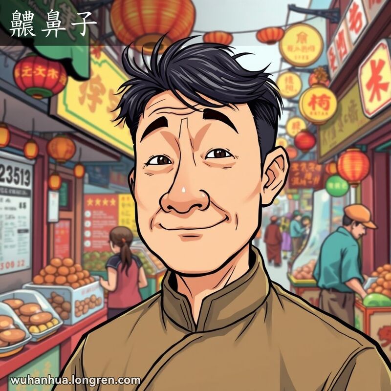 一位鼻音重的人物站在武汉街头市场中，背景是热闹的市场摊位和传统招牌