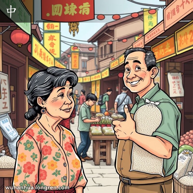 一位中年妇女在武汉街市与摊贩交谈，表示同意，摊贩手持一袋米，比划数字“二”。