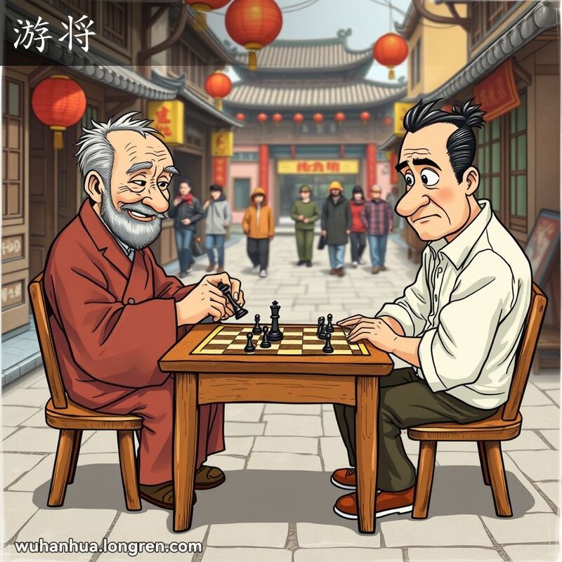 两位棋手在武汉老街进行象棋比赛，老者用“游将”的方法拖延时间，背景是武汉老街景