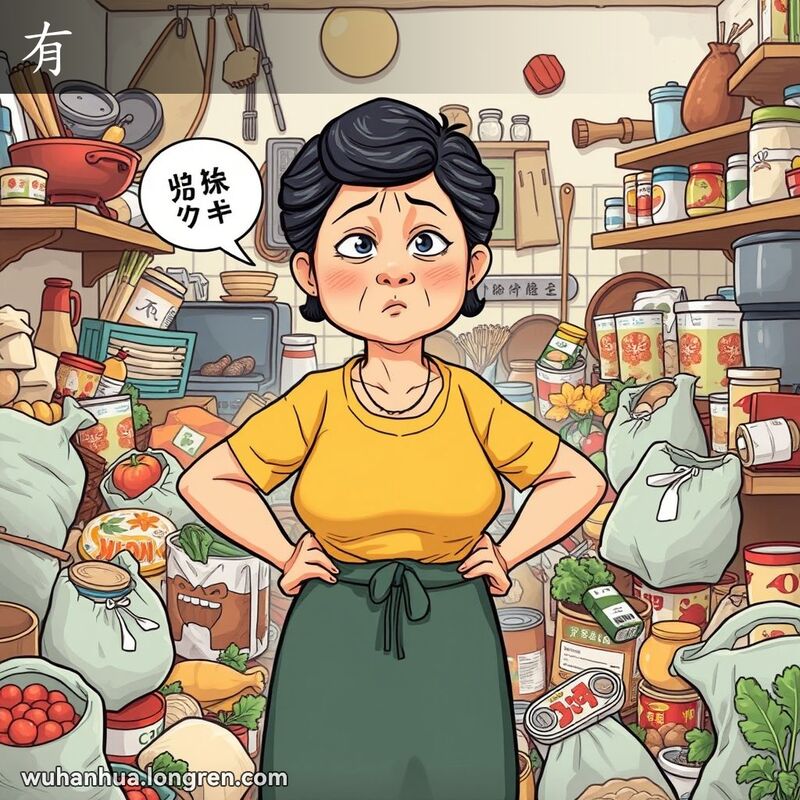 一位武汉中年妇女站在厨房里，周围堆满杂物，露出厌烦的表情，背景是传统厨房
