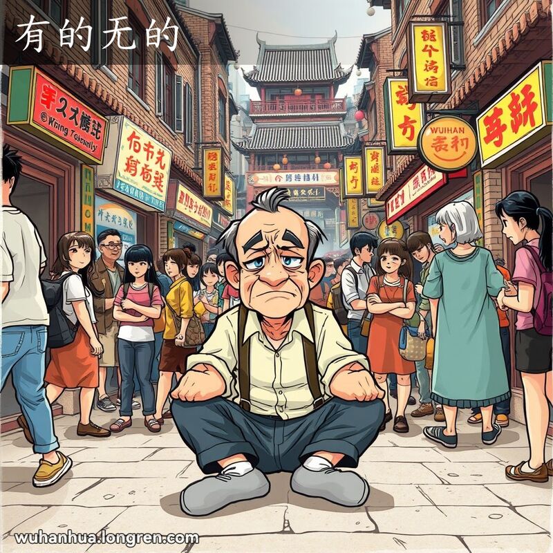 一位中年男子坐在武汉街头地上，表情烦躁，周围是忙碌的行人和传统街景