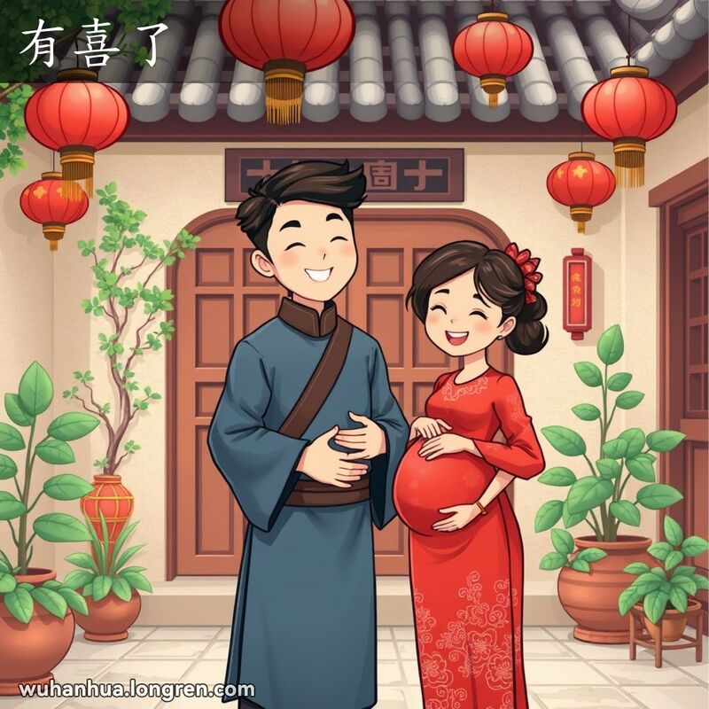 一对年轻夫妇在传统中国庭院中，女子微笑着抚摸着自己的肚子，男子站在她身旁，显得非常兴奋和高兴，背景是典型的中国庭院，有红灯笼、绿植物和木门