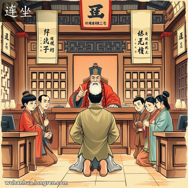 传统中国法庭场景，法官指着犯人和他的家人，表示他们将一起受到惩罚，背景是古代中国建筑和装饰