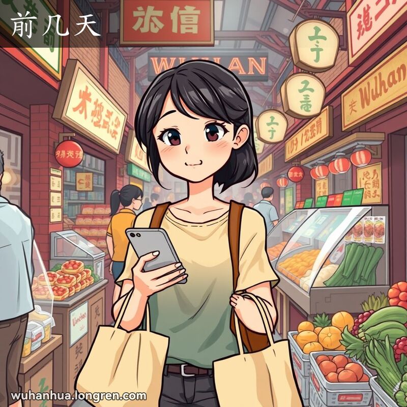 一位武汉年轻女子在市场中回忆前几天的事情，背景是武汉传统市场景象