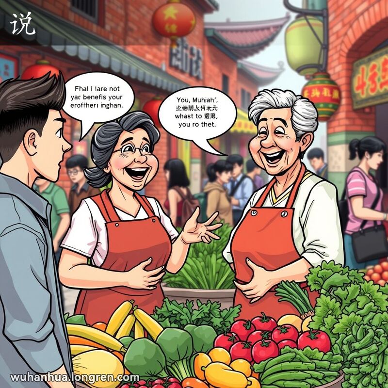 一位中年妇女在武汉街市摊位前热情地向顾客介绍商品，顾客专注聆听，背景是热闹的市场。