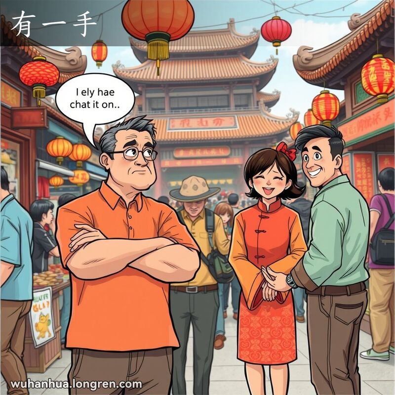 一位中年男子在武汉市场中，望着两个牵手的人，露出怀疑和讽刺的表情，背景是繁忙的市场景象