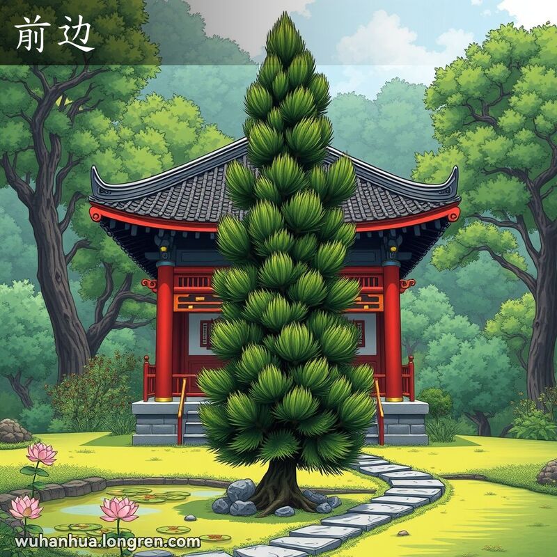 一座中式亭子前方有一棵高大的松树，背景是宁静的园林景观，突出了松树在前方的位置。