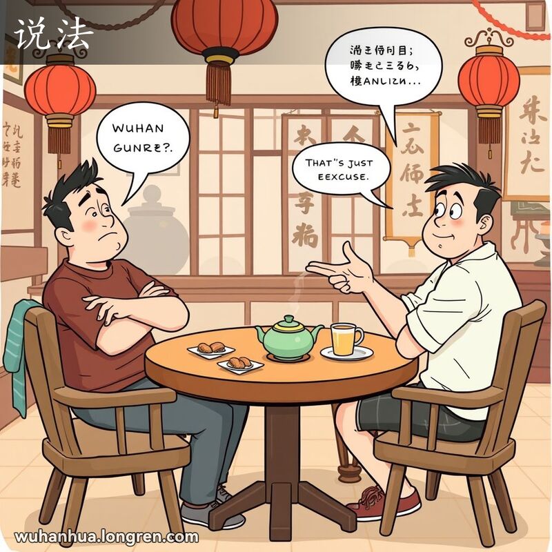 一群朋友在茶馆里聊天，其中一个人做出不屑的手势，表示对方只是在找借口。