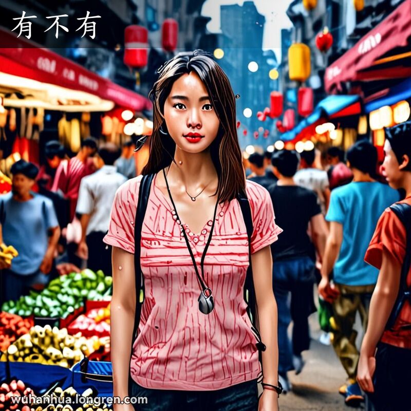 一位年轻女子在武汉街头市场中，手持小钱包，脸上带着好奇和担忧的表情，背景是色彩斑斓的市场摊位