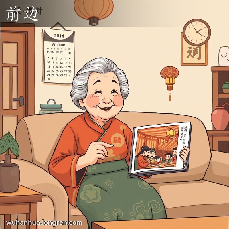 一位武汉奶奶在客厅里翻看相册，指着两年前的照片，脸上带着怀旧的笑容，背景是春节家庭聚会场景