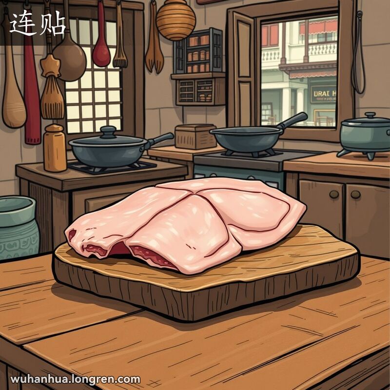 一块猪肉横截面，肉和板油紧密相连，背景是传统的武汉厨房