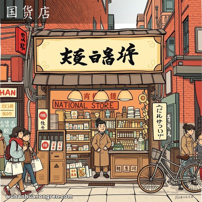 一家武汉老街上的国货店，店内陈列各种本地产品，店主微笑迎接顾客，背景是热闹的老街景象