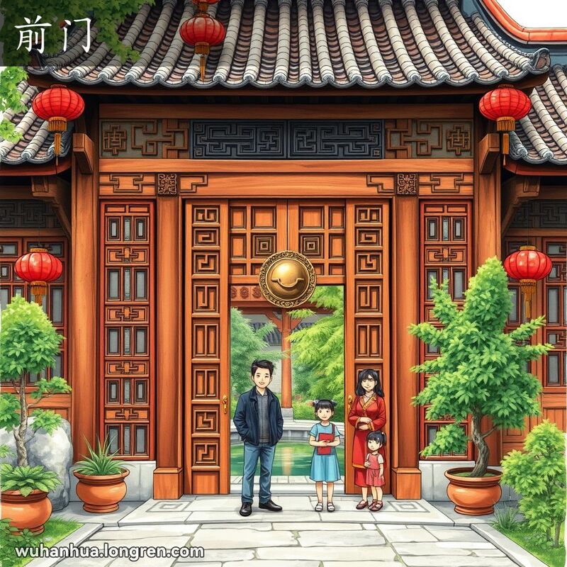 武汉四合院的大门前，一家人微笑迎接客人，背景是传统中国建筑和茂密植被