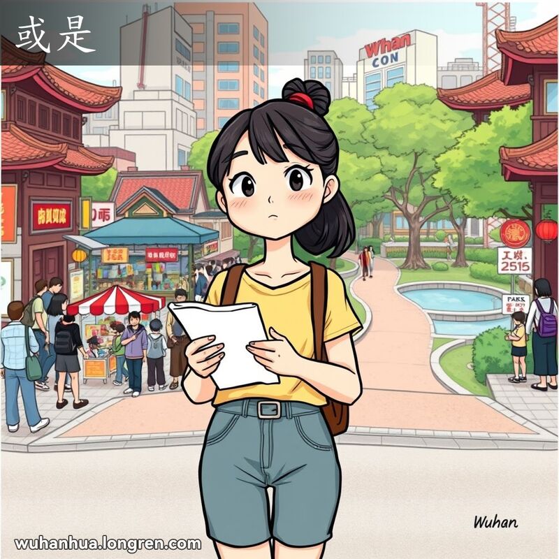 一位年轻女子在武汉街头十字路口犹豫不决，背景是繁忙市场和宁静公园，象征选择