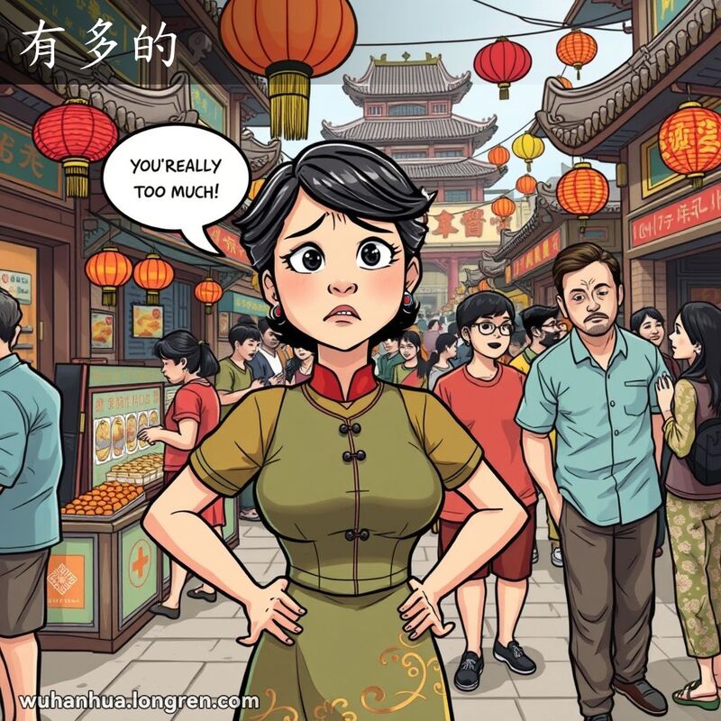 一位女子在武汉市场中双手叉腰，表情显得难以置信和沮丧，背景中有卖小吃的摊贩和热闹的人群