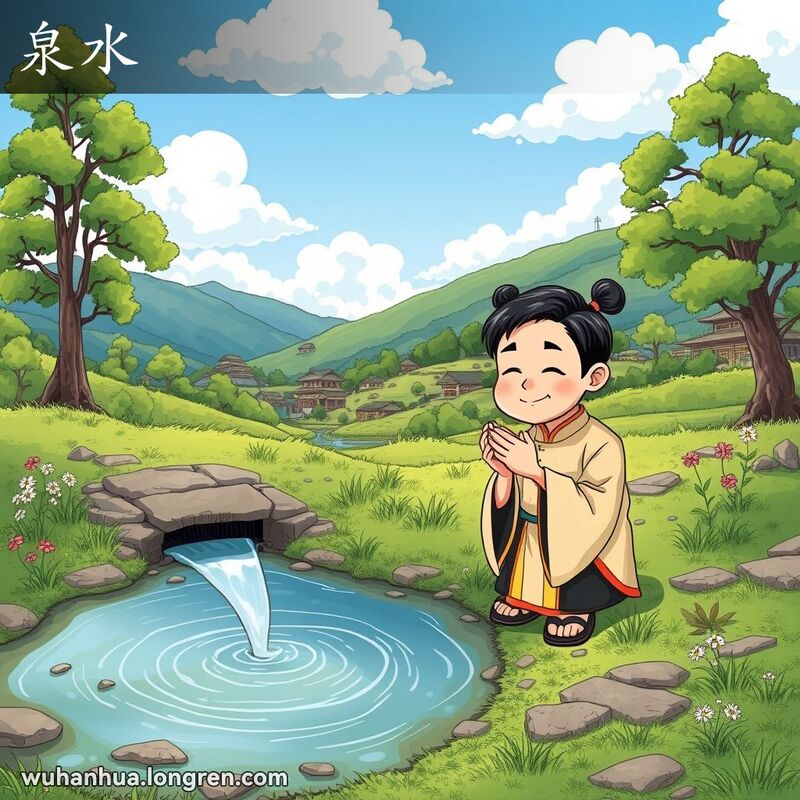 自然景观中，泉水从地面涌出，流入小溪，武汉居民跪地饮水，背景有山丘和村庄