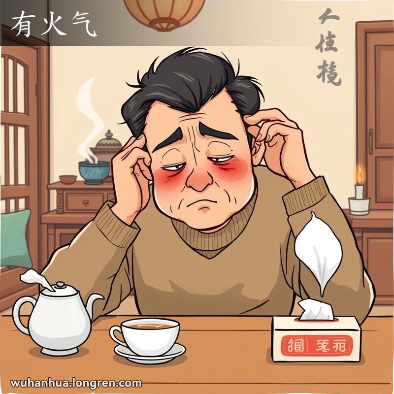 一位中年武汉男子因有火气而显得烦躁，眼睛红肿，坐在桌前，桌上有热茶和纸巾，背景是传统武汉家庭场景