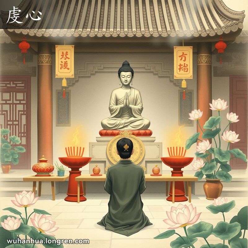 一位虔诚的信徒在寺庙中跪拜菩萨，背景是传统的中国寺庙建筑和盛开的莲花