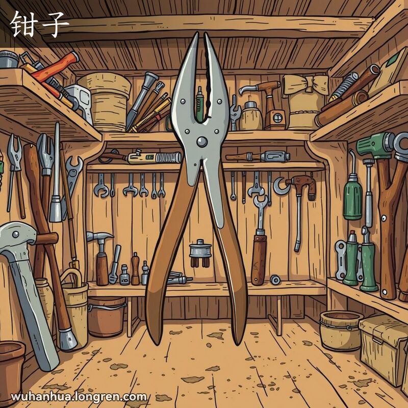 传统武汉工作坊场景，中央展示一把钳子夹住小金属物件，背景有其他工具。