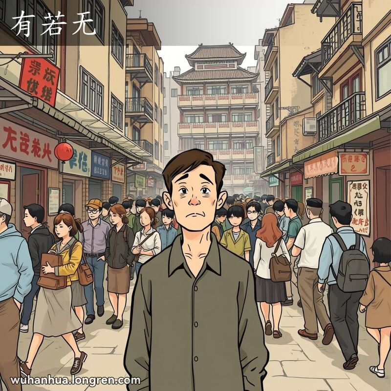 一位男子站在武汉繁忙的街道上，周围的人们忽视了他的存在，背景是武汉的老街景