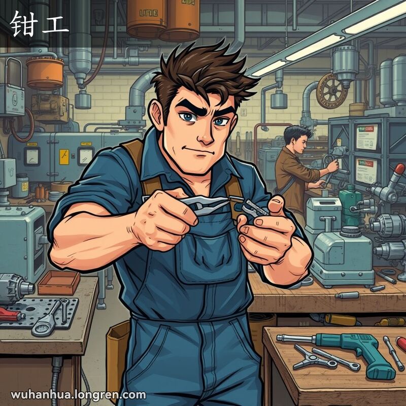 一位穿蓝色工作服的技术工人在车间里用钳子调整金属零件，背景是忙碌的工作台和其他工人。