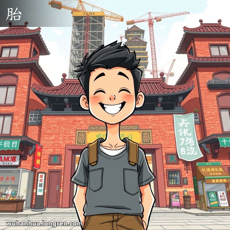 一位年轻男子自信地站在武汉传统建筑前，背景是一个正在建设的高大建筑工地，象征着成长和高大。