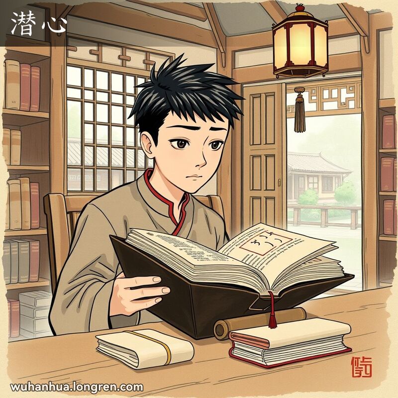 一位武汉学生在书房中专心阅读古书，表情专注，背景是书架和卷轴，窗外是宁静的庭院